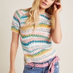 Anthropologie Groovy Rainbow Knit Short Sleeve Sweater